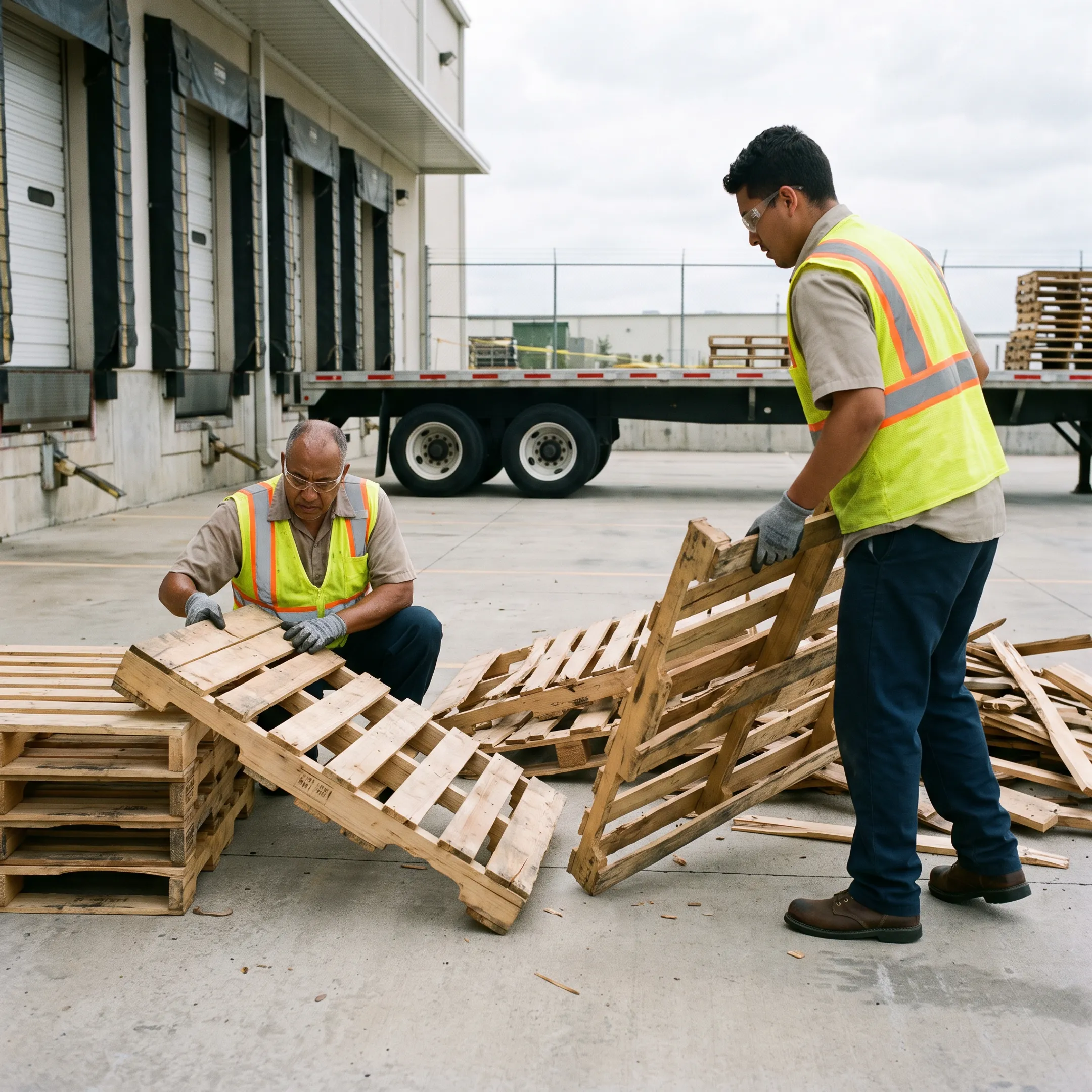 Broken wooden pallets stacked for commercial removal and recycling
