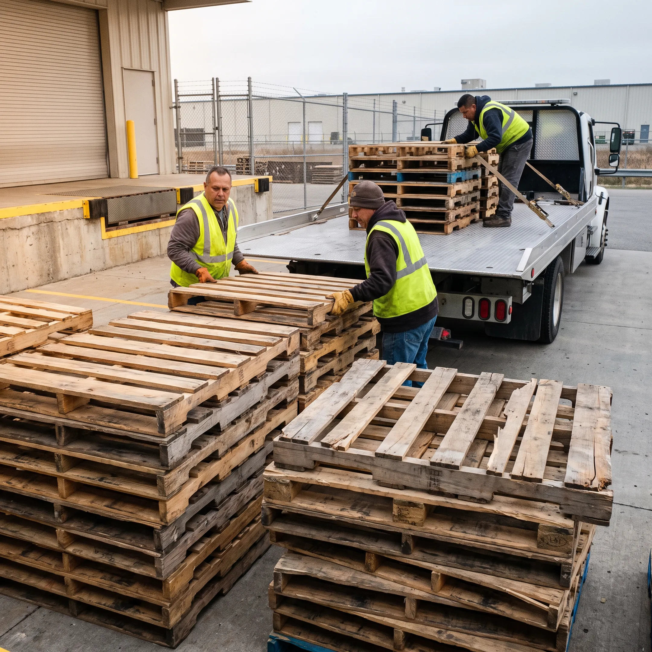 Worker loading used wooden pallets for commercial pickup