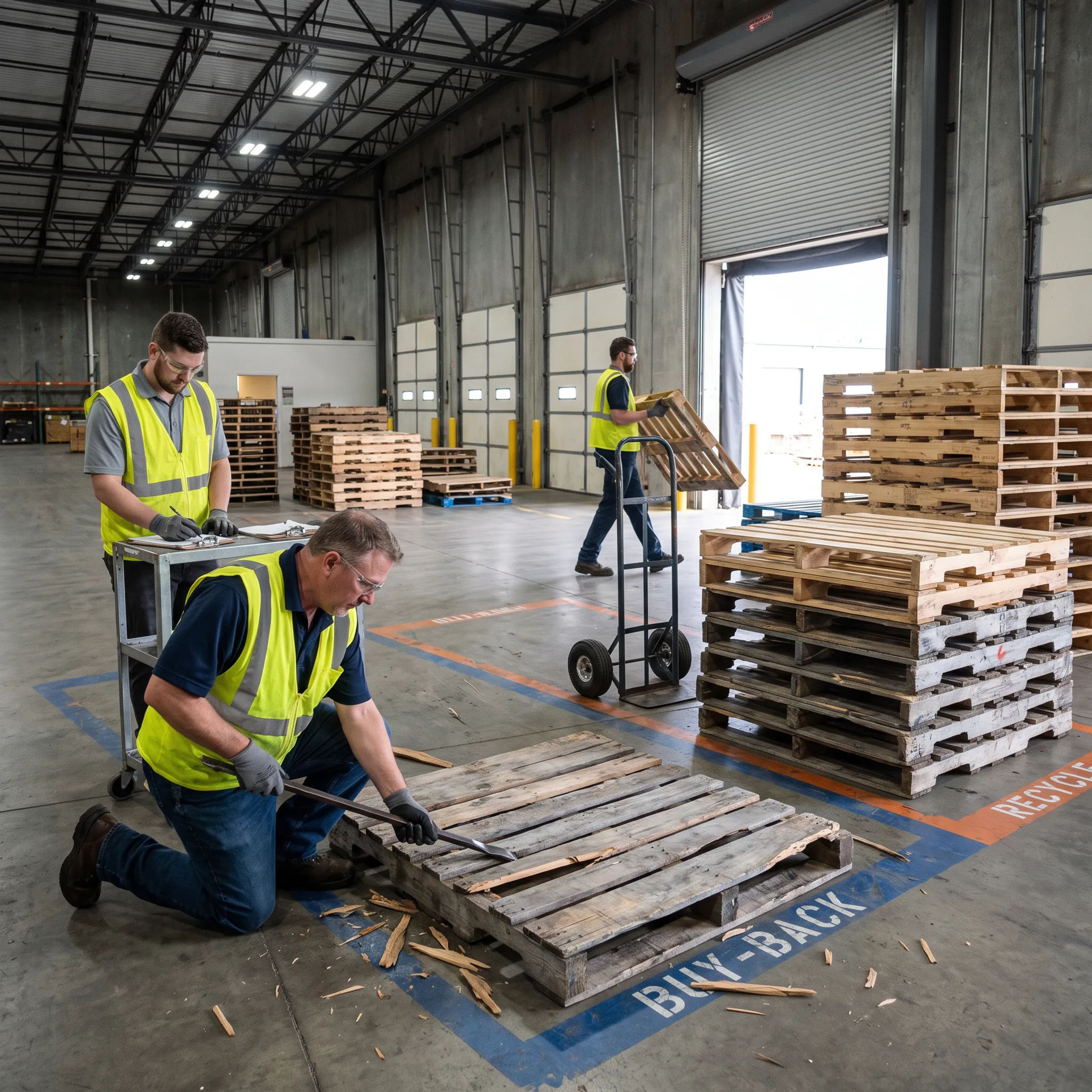 Damaged pallets being inspected and sorted for removal