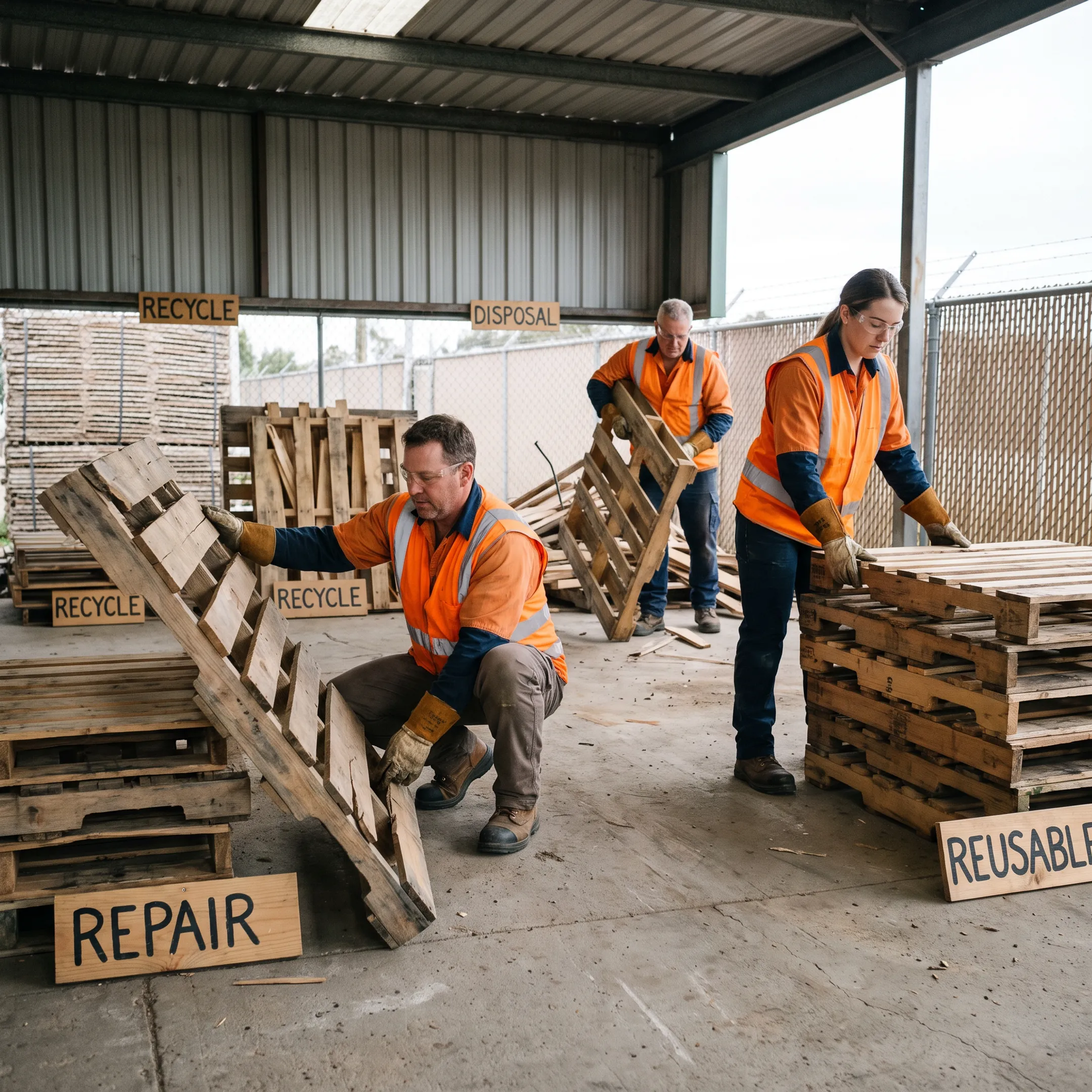 Workers sorting damaged wooden pallets at a commercial warehouse