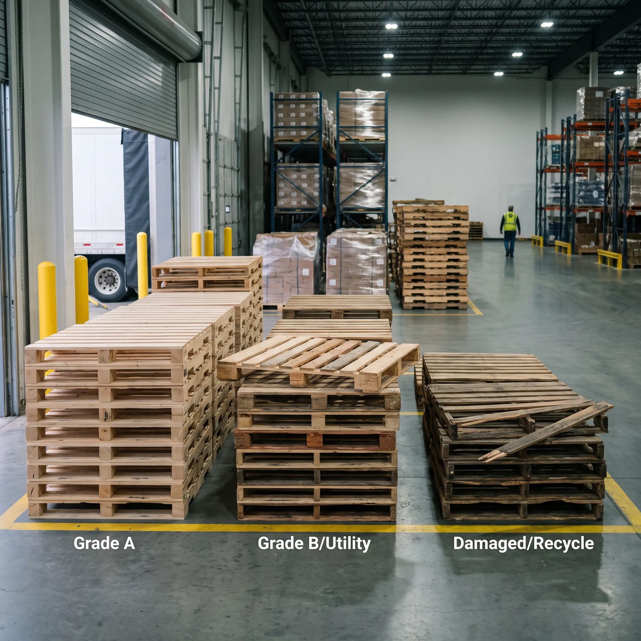 Damaged pallets being sorted for reuse and recycling
