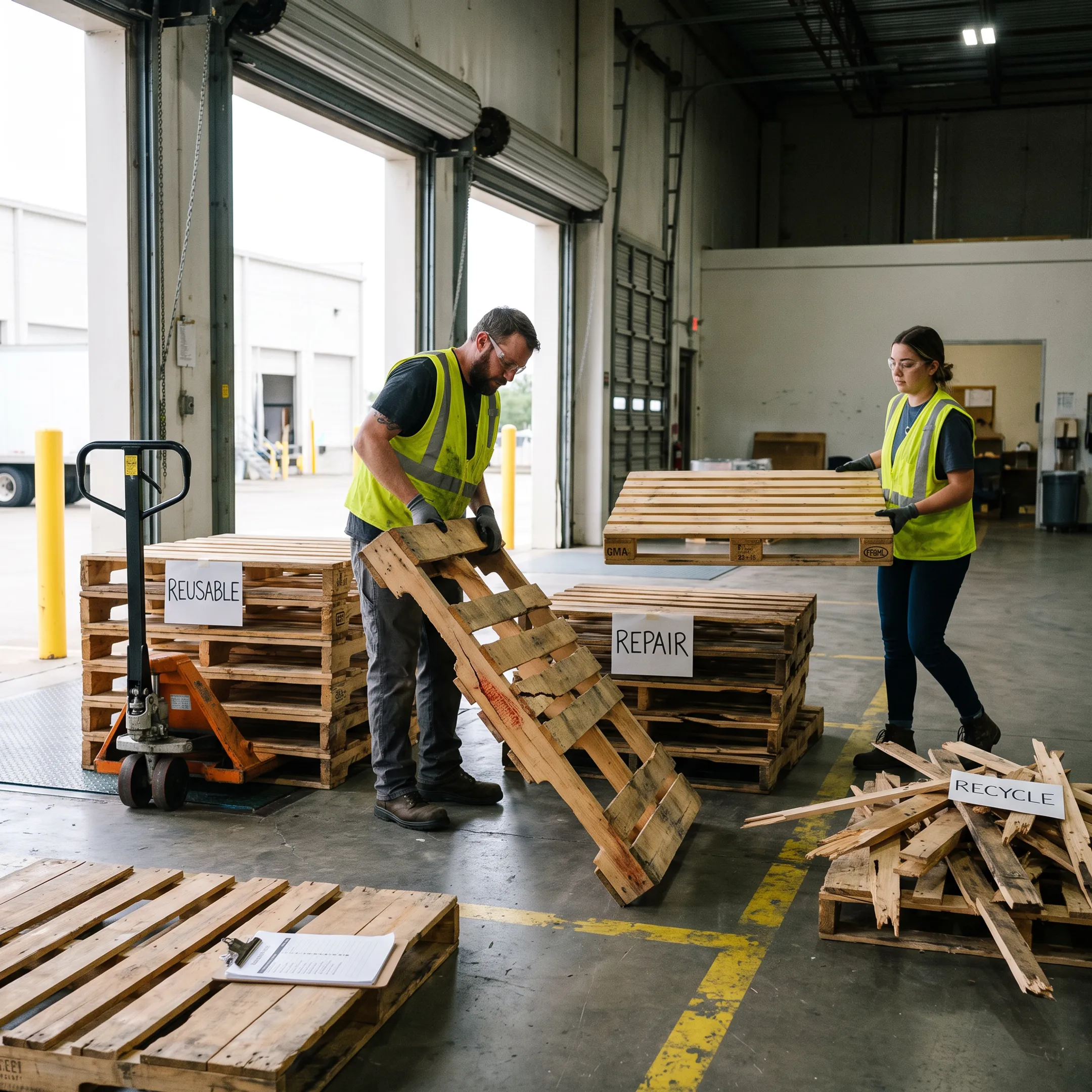 Crew sorting broken wooden pallets for recycling and removal