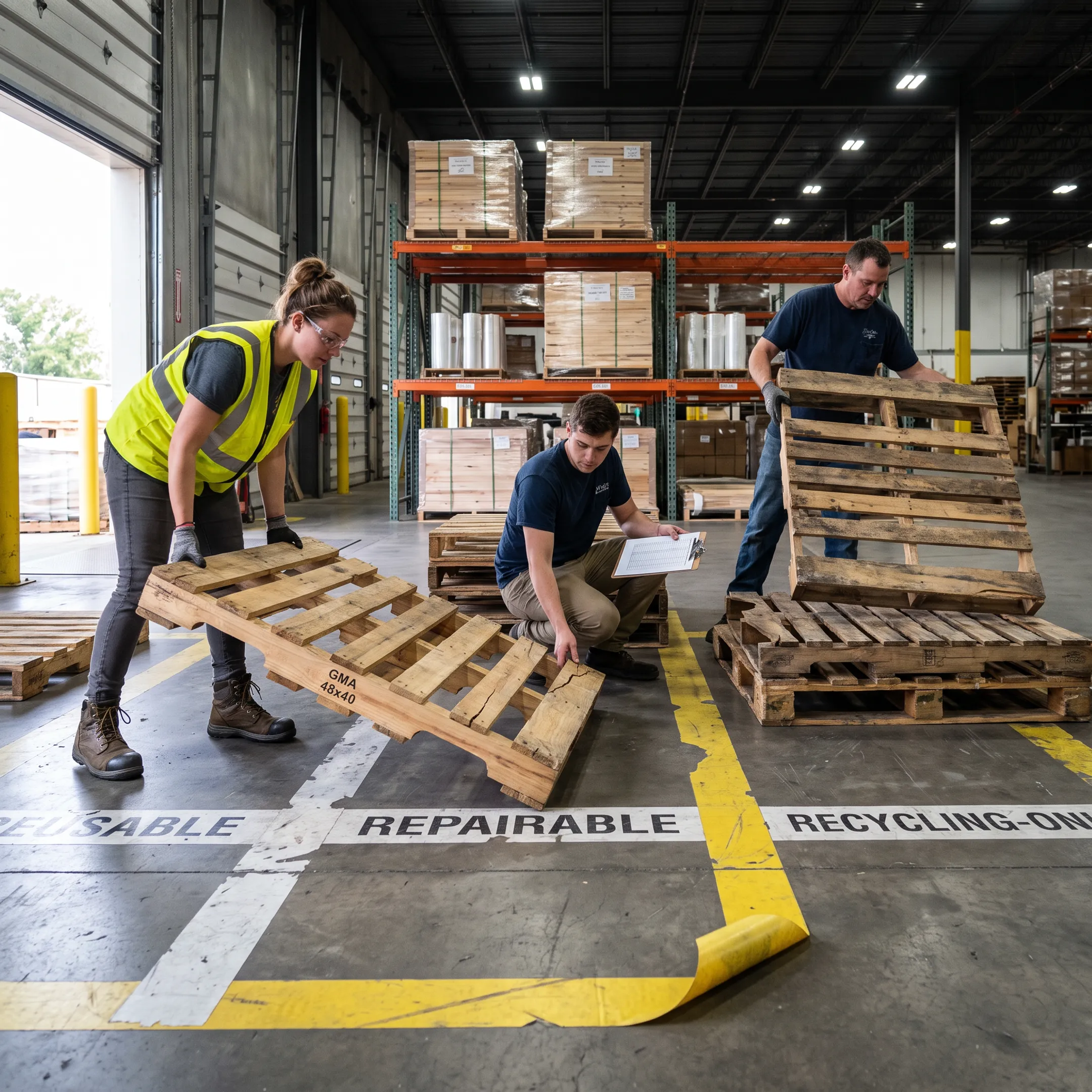 Warehouse team sorting used wooden pallets for recycling and recovery
