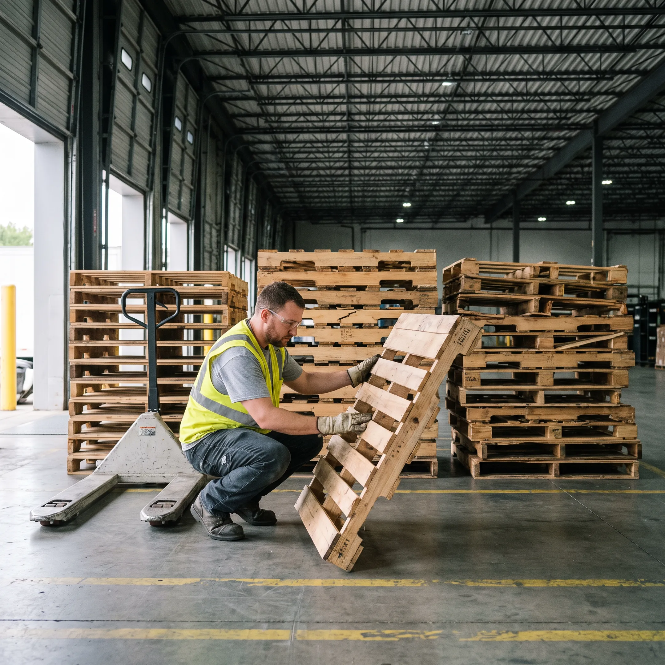 Warehouse worker sorting damaged wood pallets for resale and recycling