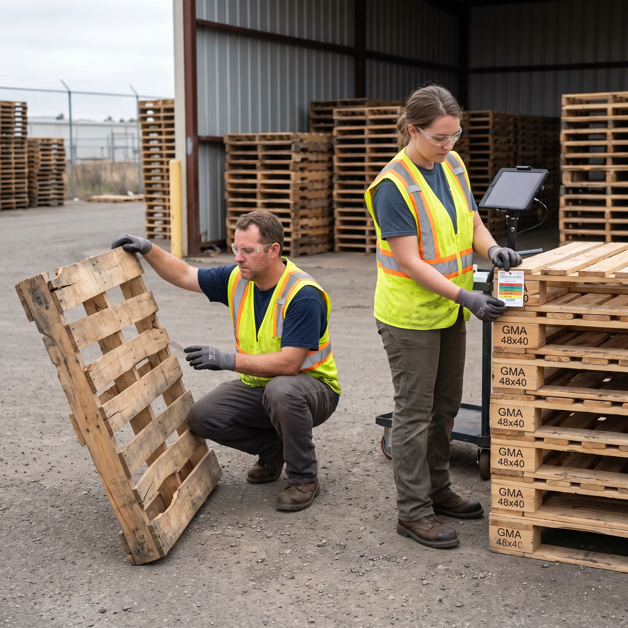 Damaged wood pallets being inspected for buyback and recycling