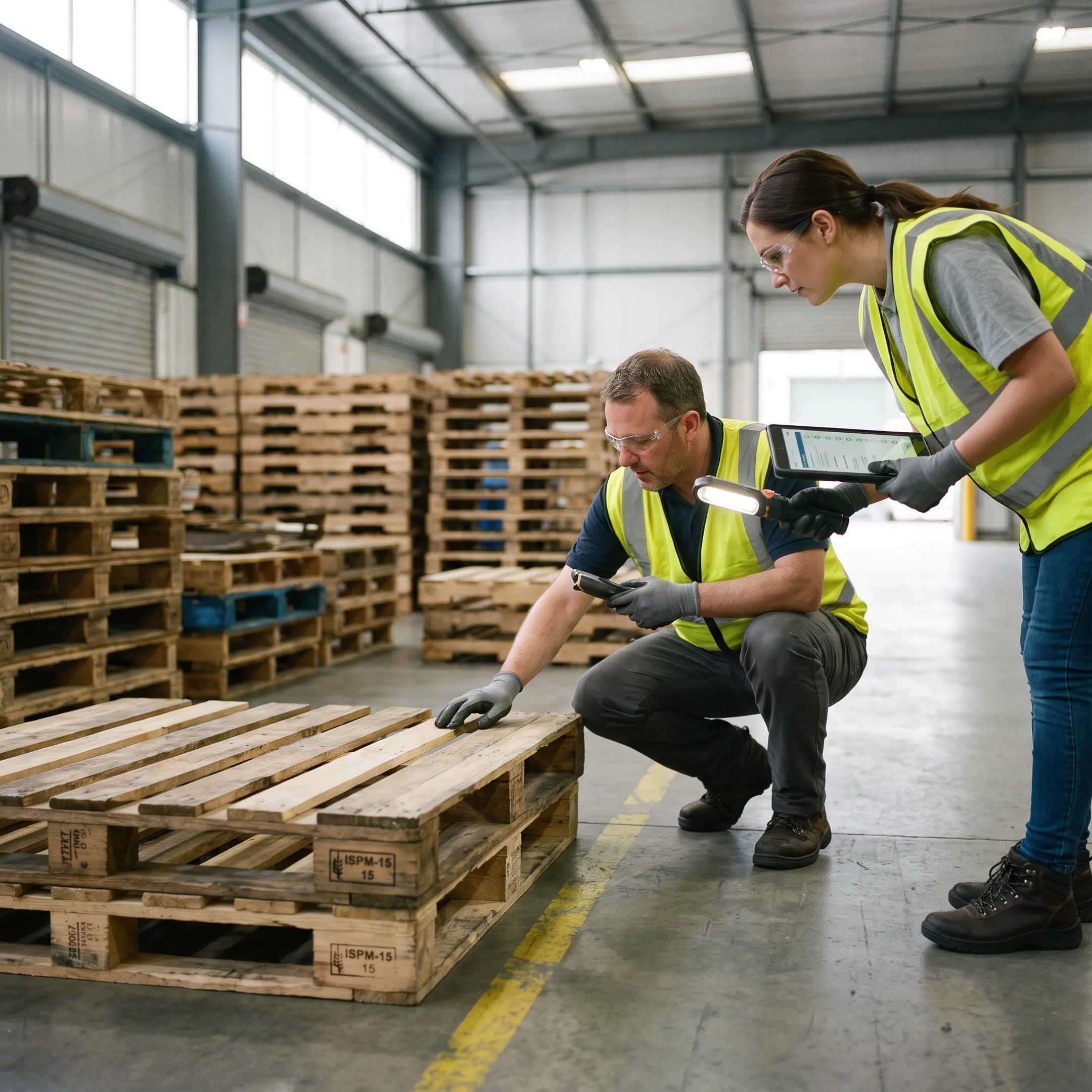 Worker sorting used pallets for bulk buyback