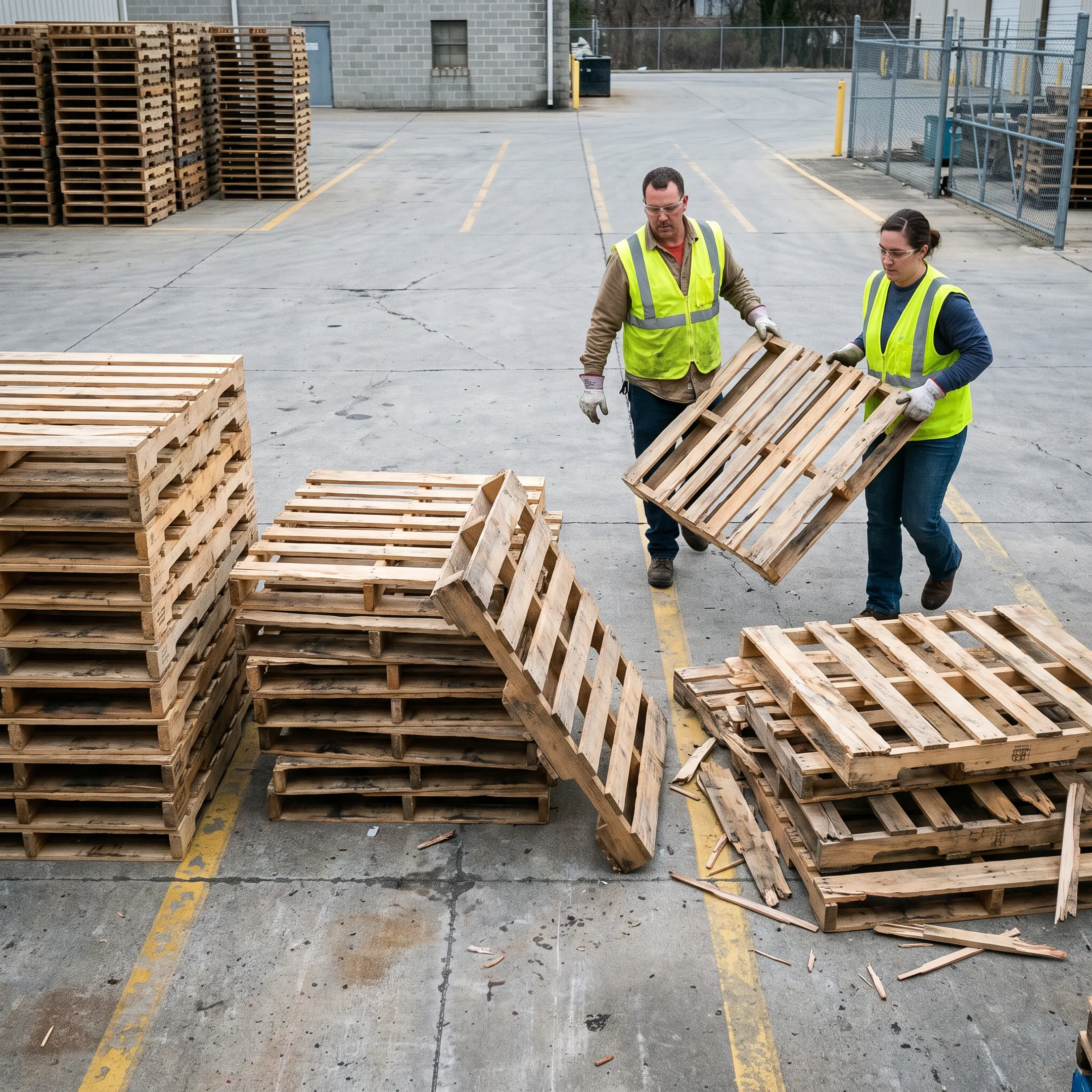 Worker sorting damaged wooden pallets for buy-back and recycling