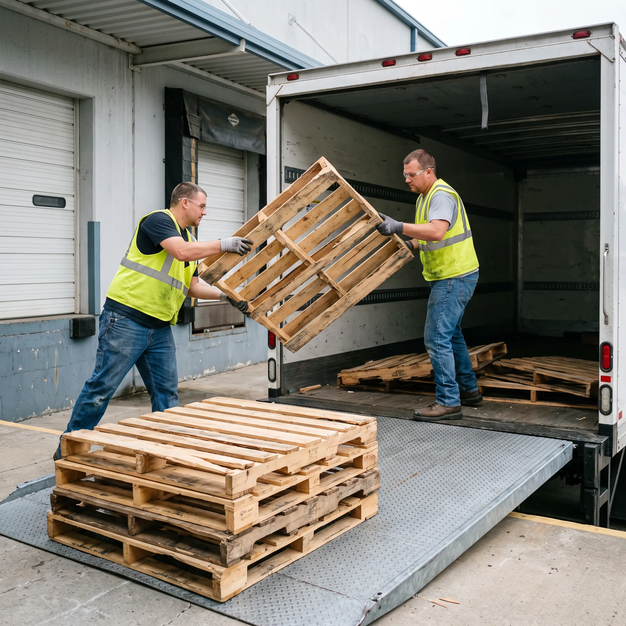 Pallet recovery team loading damaged pallets for transport
