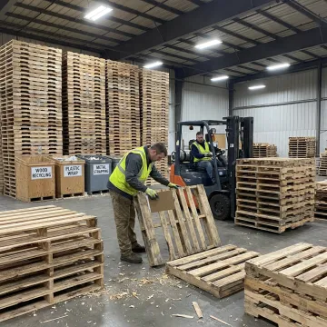 Wood pallet recycling in a warehouse