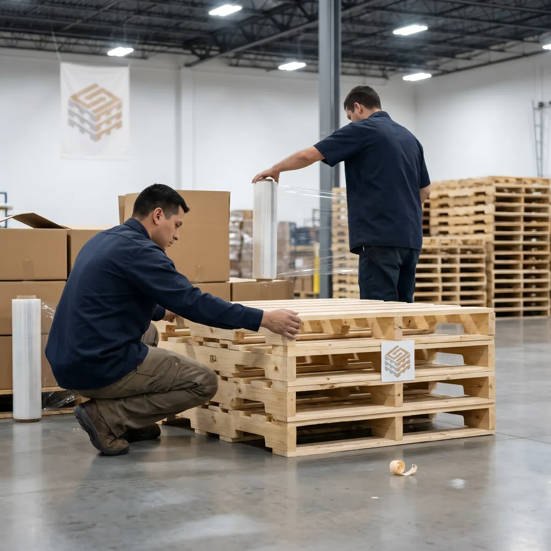 Custom pallets and packaging materials in a warehouse