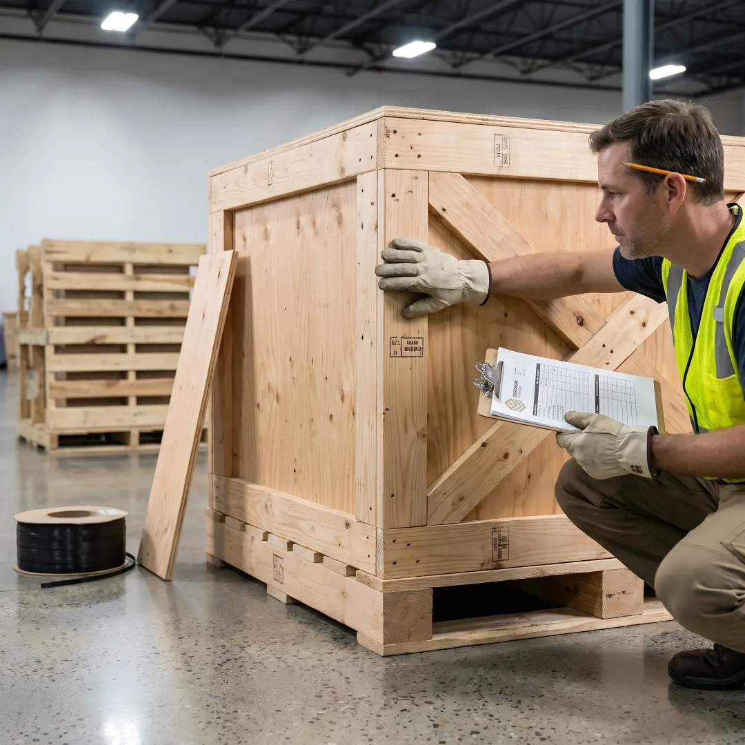 Specialist inspecting custom industrial crate