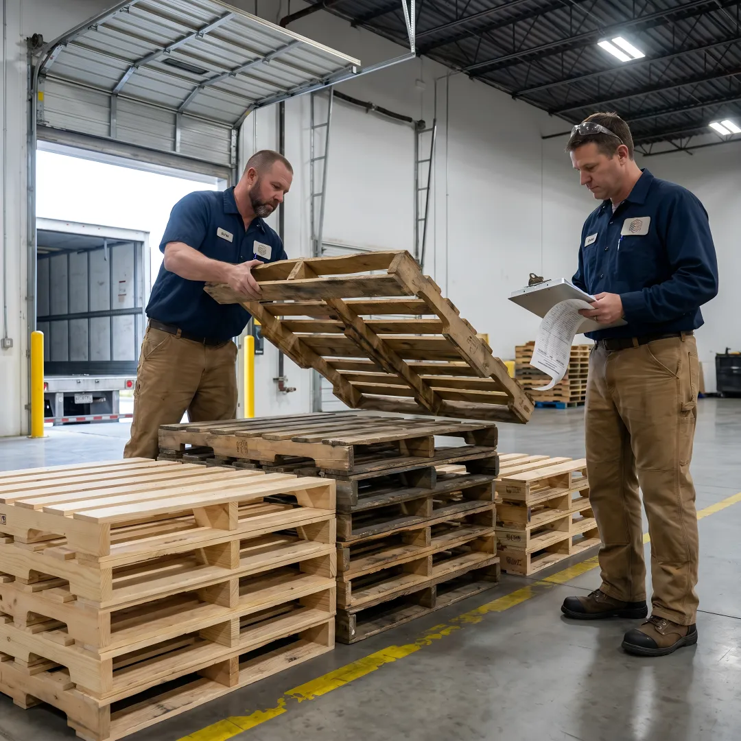 Warehouse team organizing wood pallets for distribution