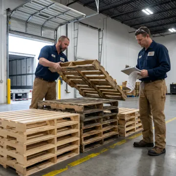 Warehouse team organizing wood pallets for distribution