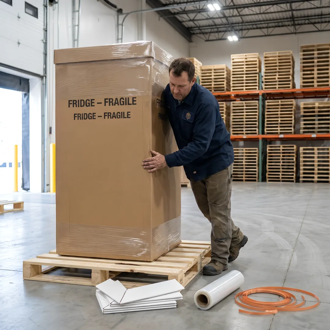 Warehouse team preparing appliance freight on custom pallet