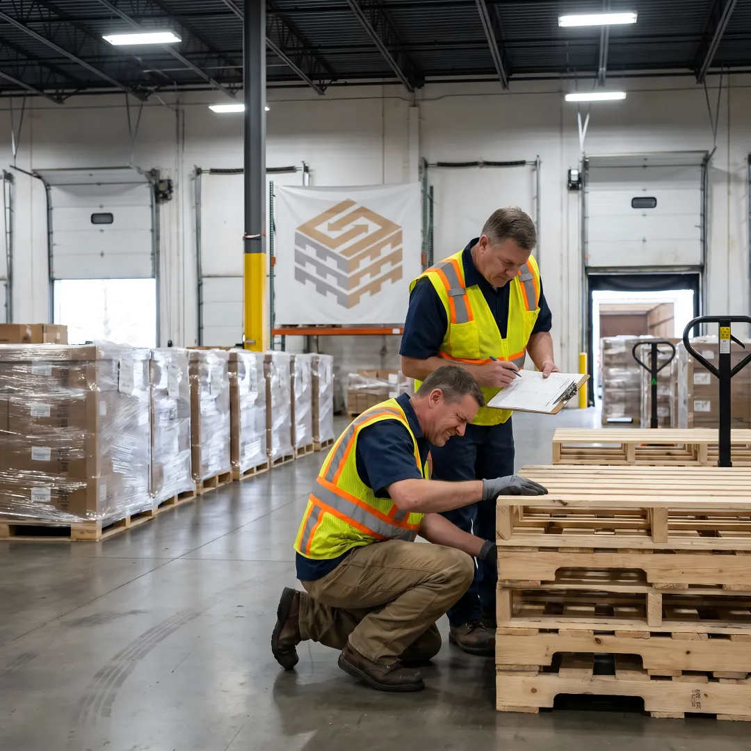 Warehouse team inspecting custom pallets