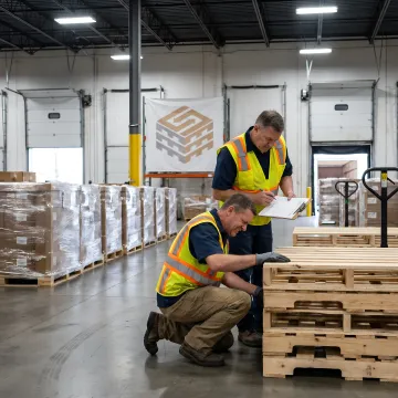 Warehouse team inspecting custom pallets