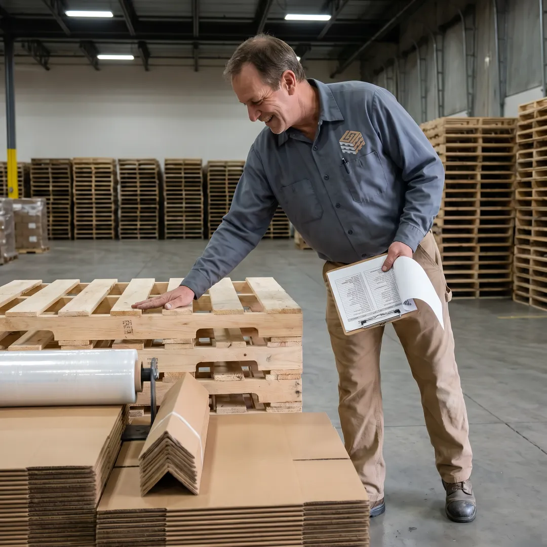 Warehouse worker preparing pallets for shipment