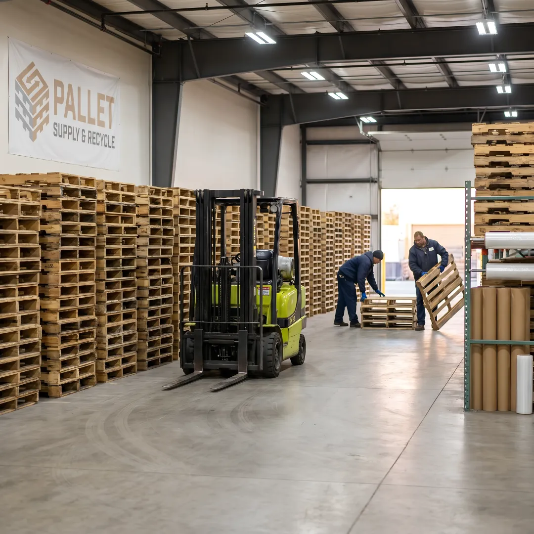 Wood pallet recycling in a warehouse