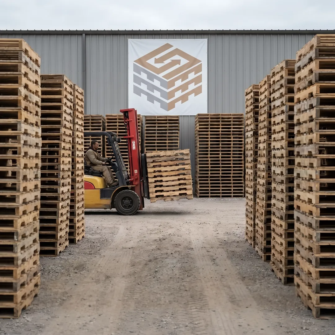Stacks of used wood pallets ready for pickup and reuse
