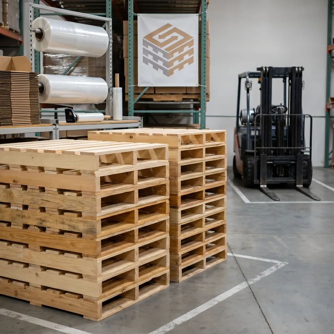 Custom wood pallets stacked in a warehouse