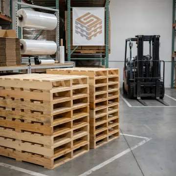 Custom wood pallets stacked in a warehouse