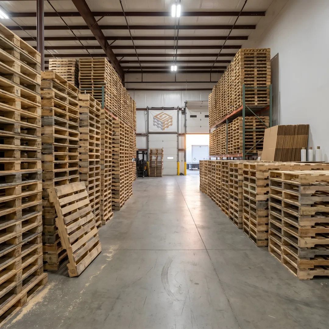 Wholesale wood pallets stacked in a Pennsylvania warehouse