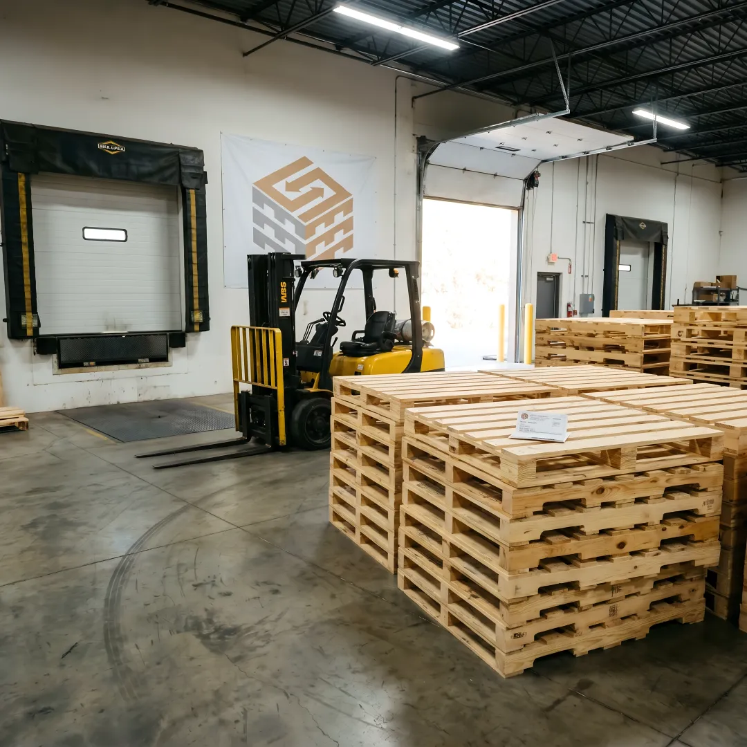 Custom wood pallets at a warehouse loading dock