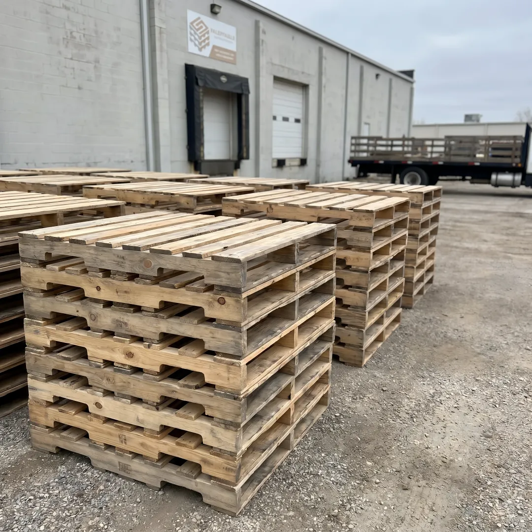 Stacks of used wood pallets ready for sale