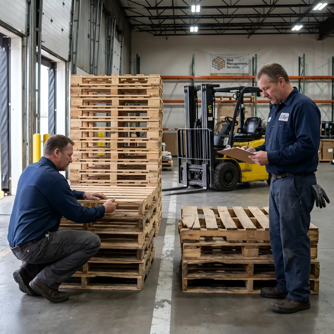 Workers sorting pallets for recycling