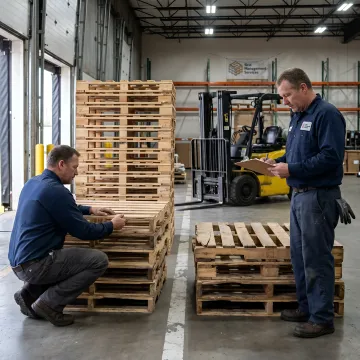 Workers sorting pallets for recycling