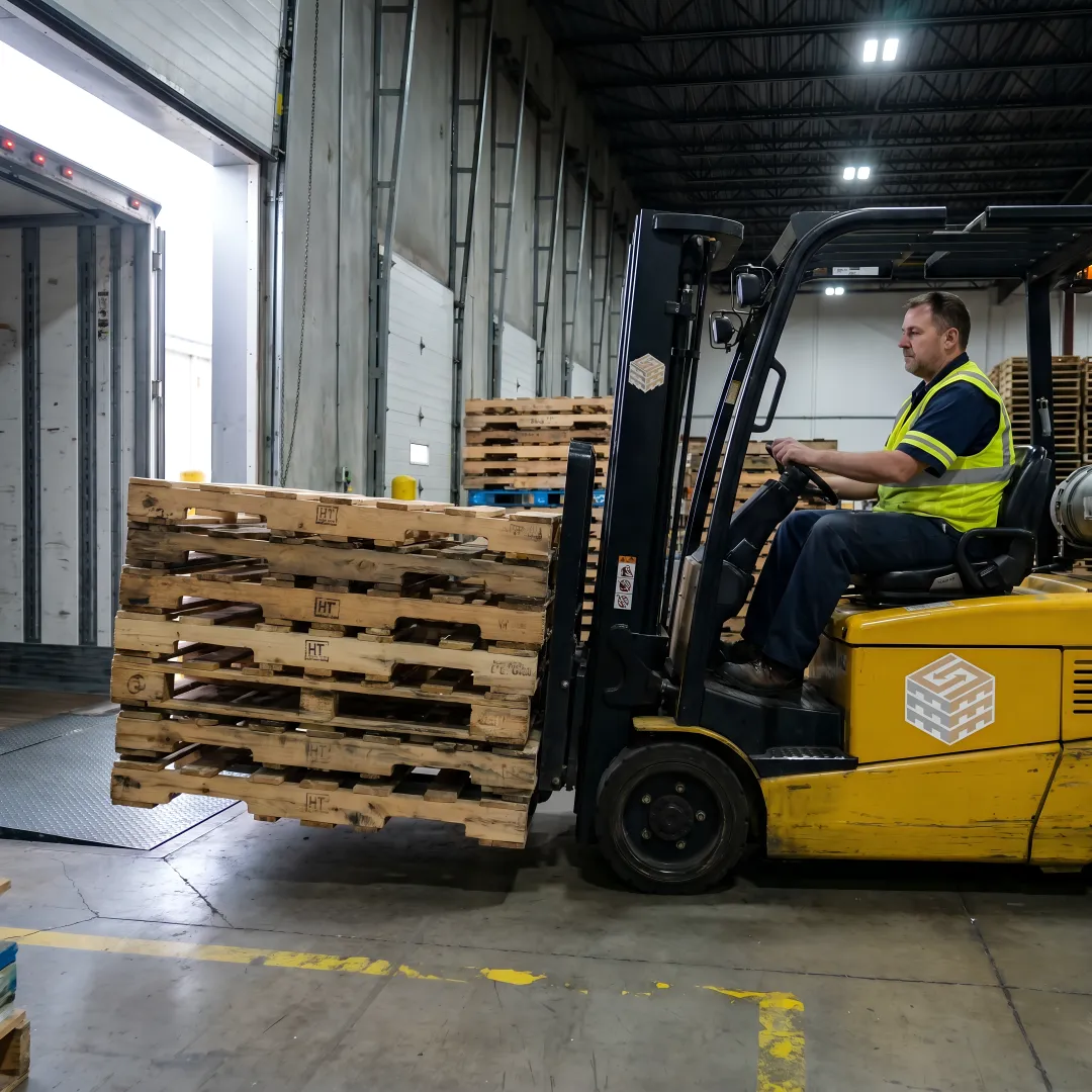 Forklift moving used pallets during removal service
