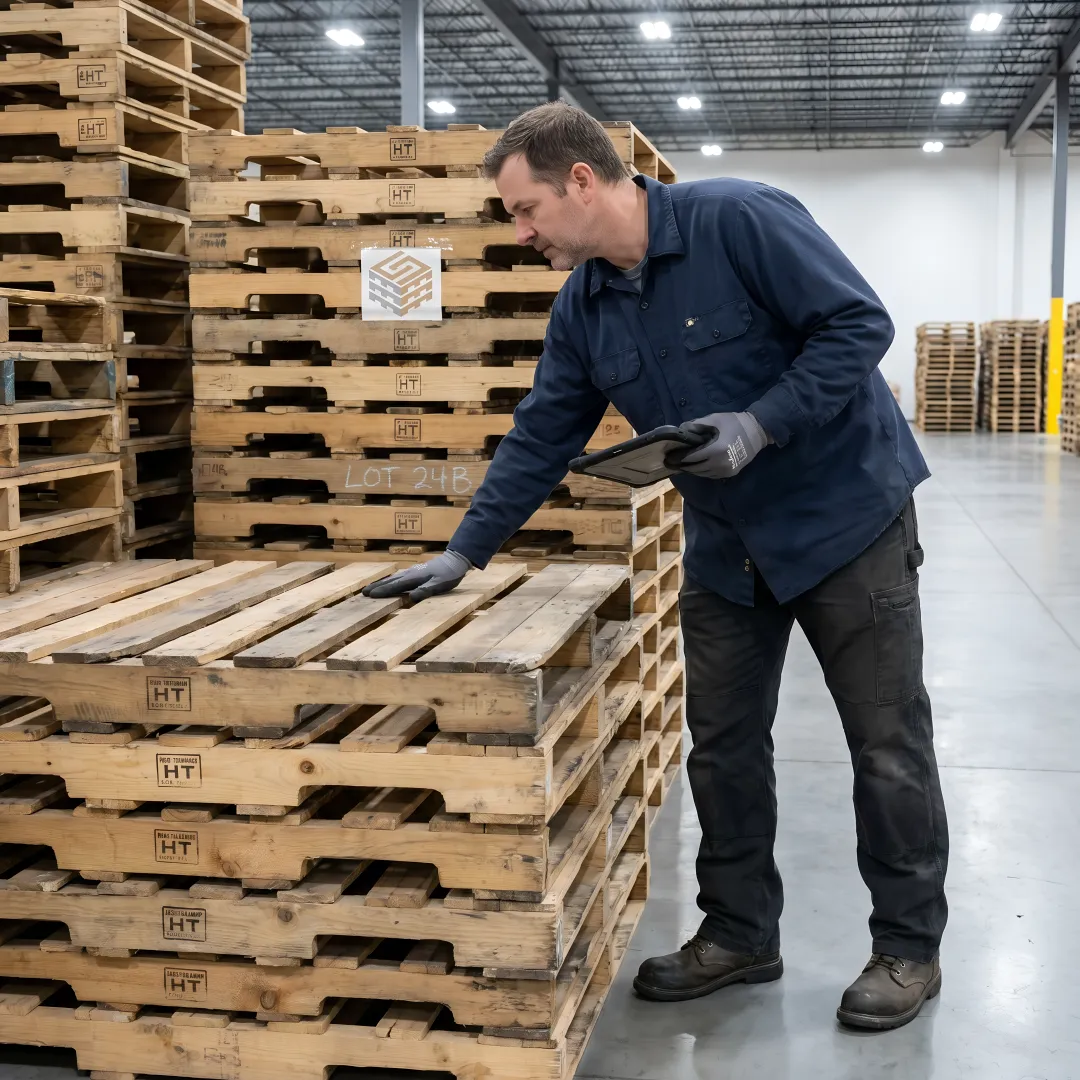 Warehouse worker inspecting used pallets