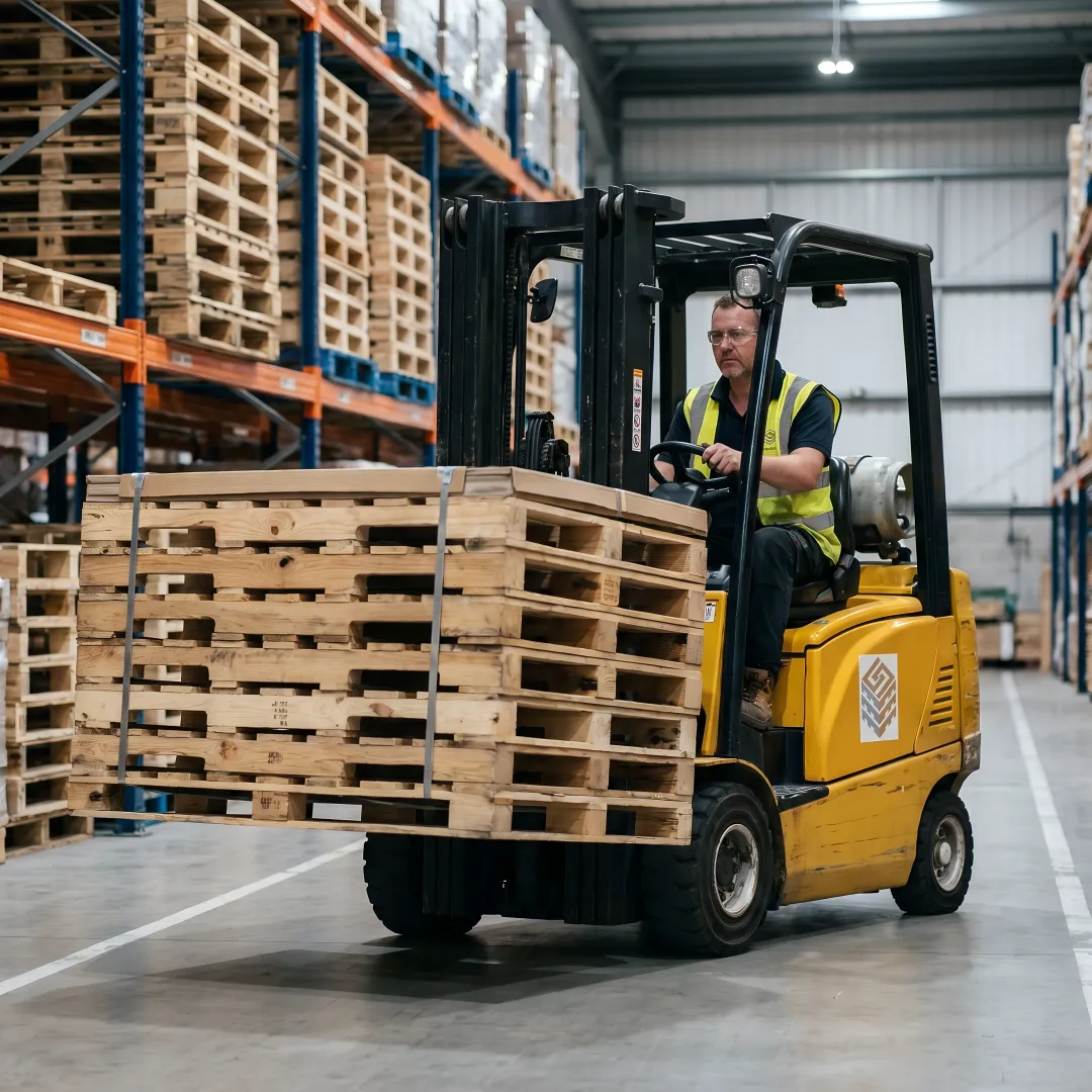 Forklift moving wood pallets