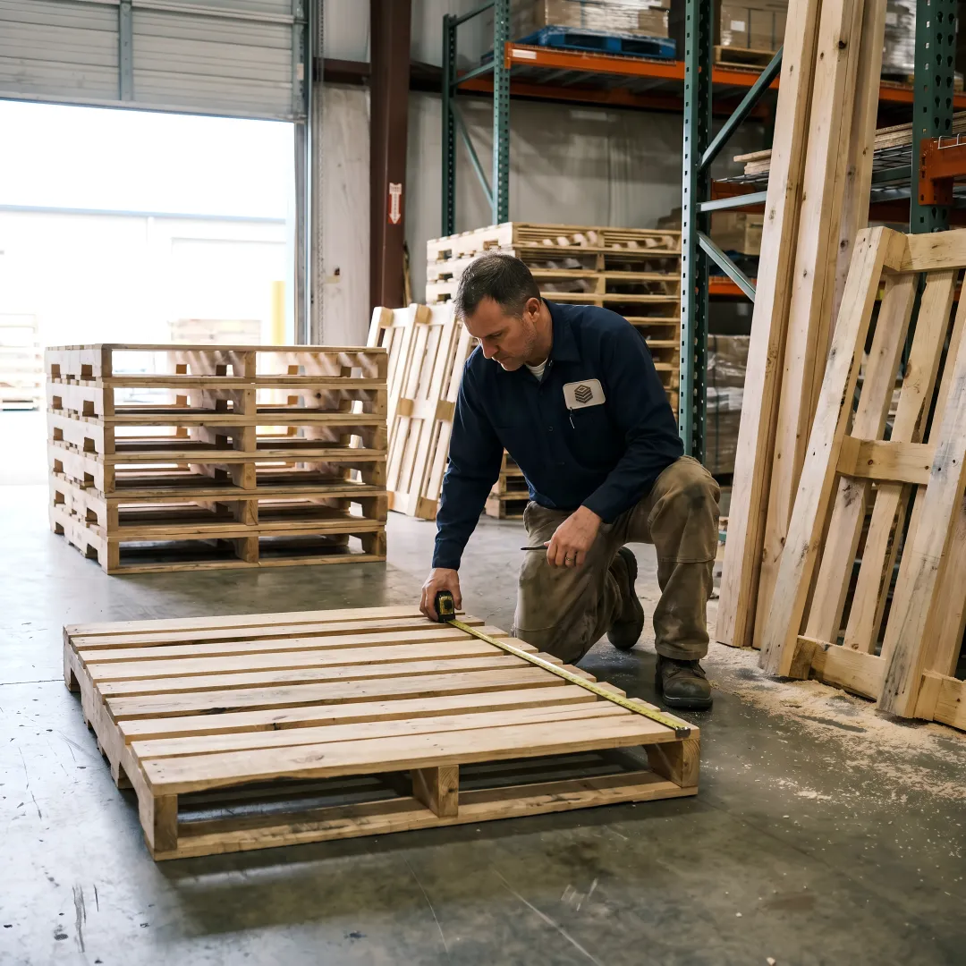 Worker measuring a custom wood pallet