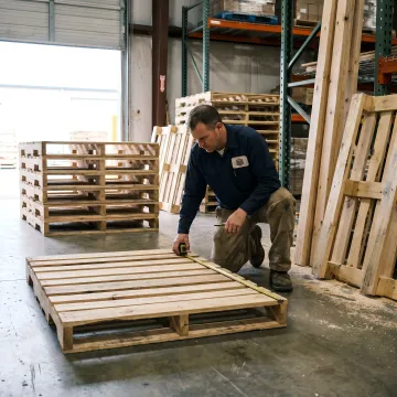 Worker measuring a custom wood pallet