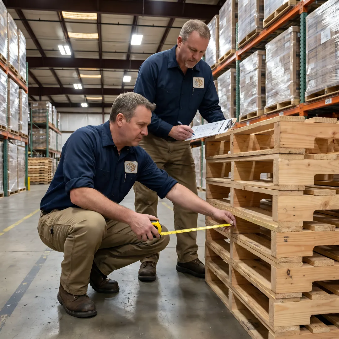 Warehouse team reviewing custom pallet inventory