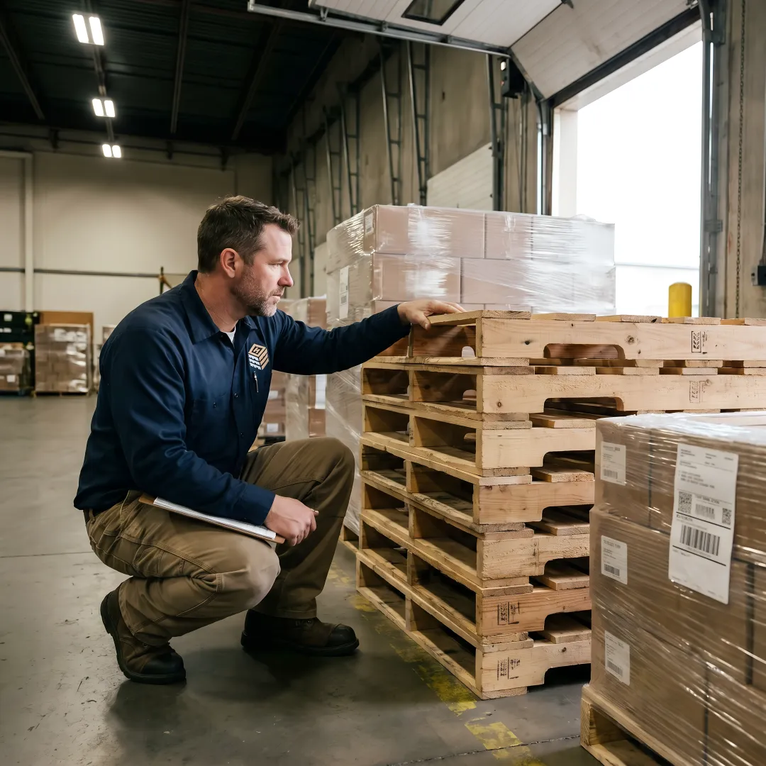 Worker inspecting custom wood pallets