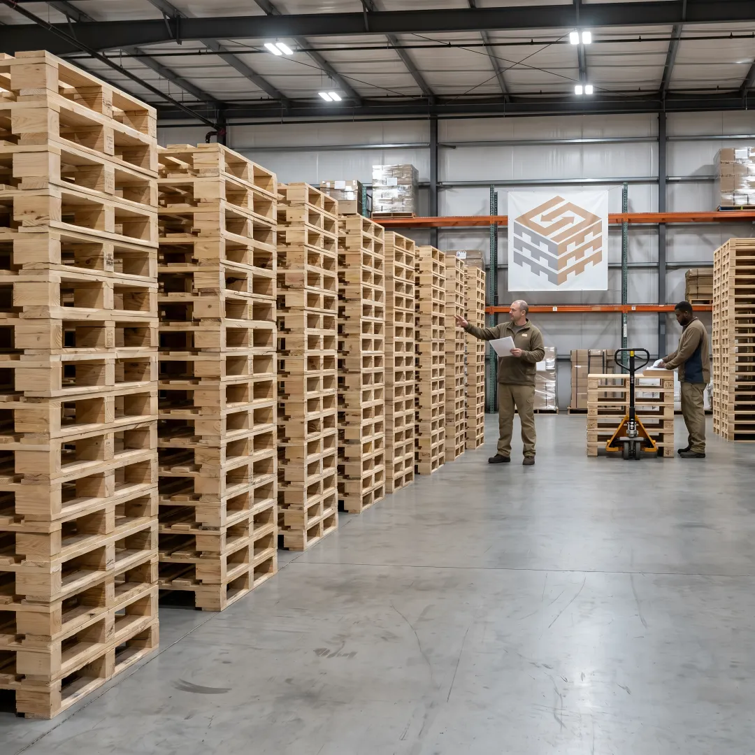 Custom wood shipping pallets stacked in a warehouse