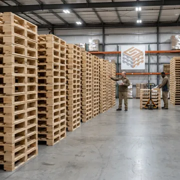 Custom wood shipping pallets stacked in a warehouse