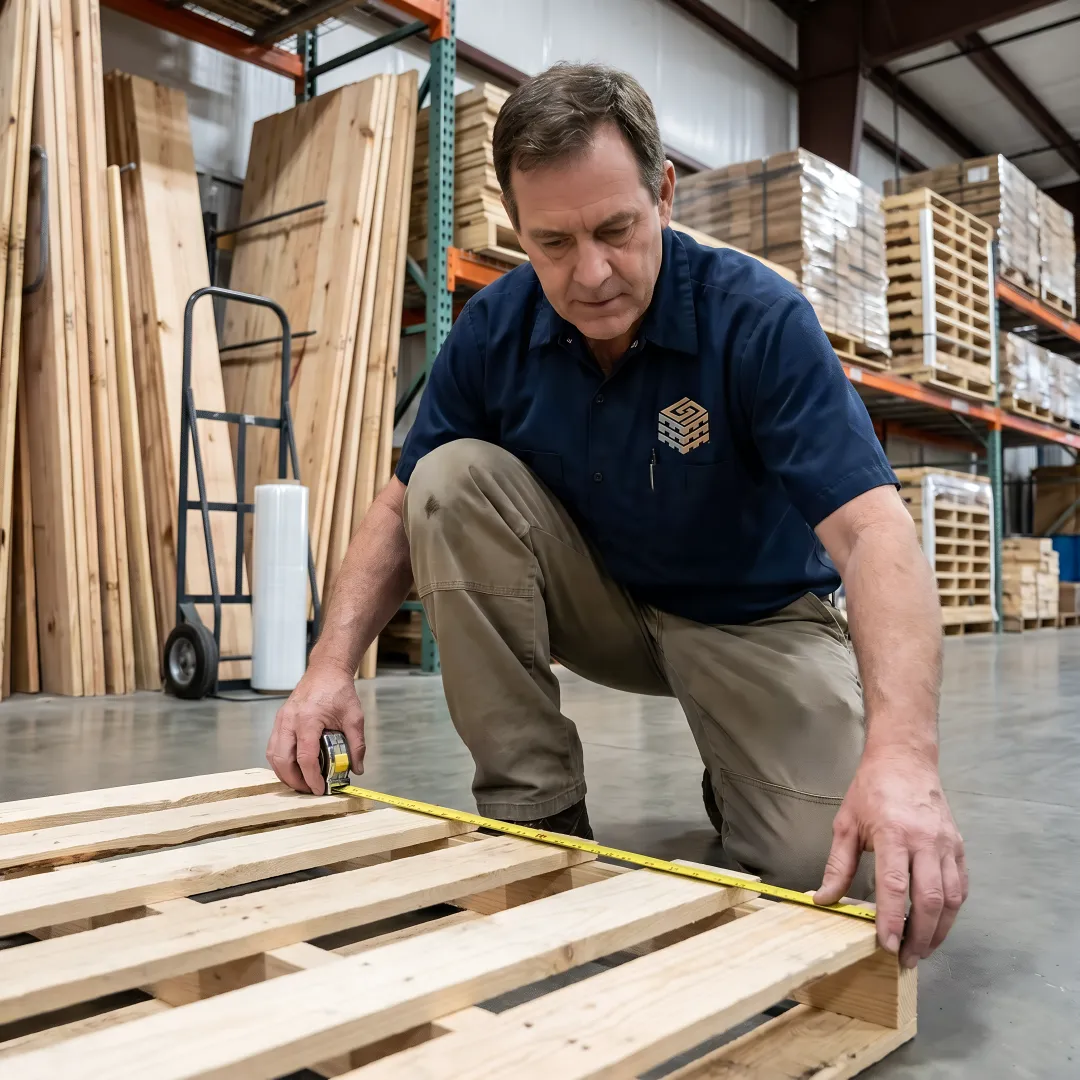 Worker measuring a custom wood pallet
