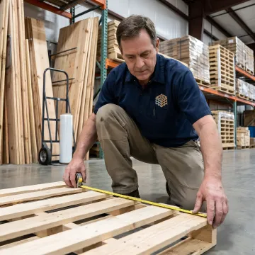 Worker measuring a custom wood pallet