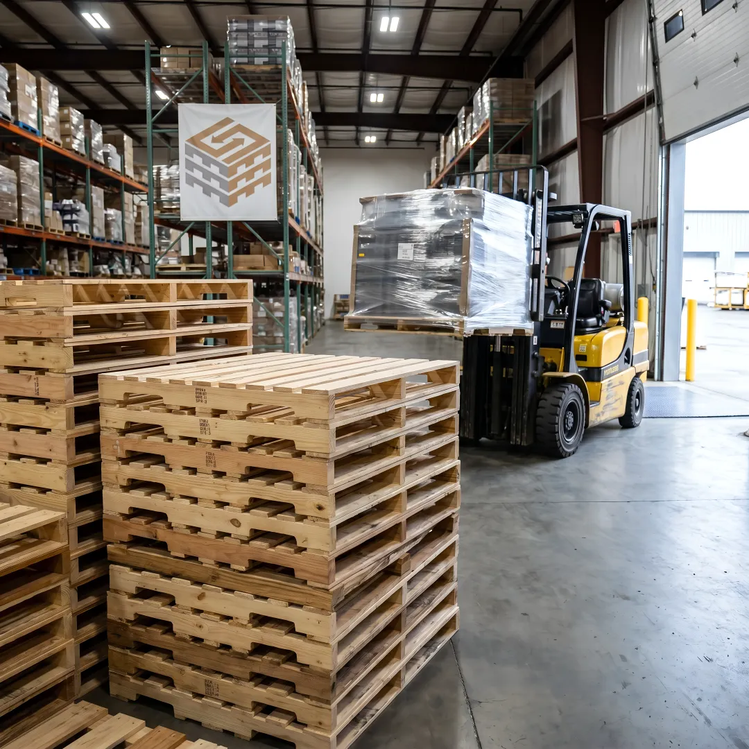 Custom wood pallets stacked in a warehouse