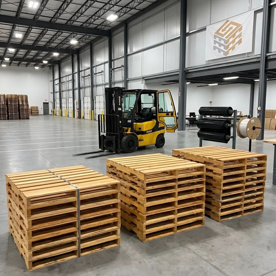 Custom wood pallets stacked in a warehouse