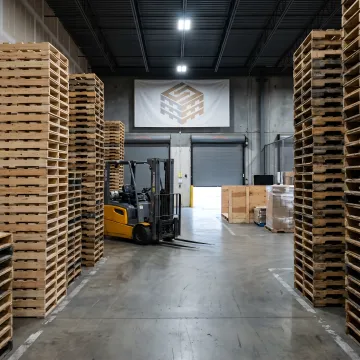 Custom wood pallets stacked in a warehouse