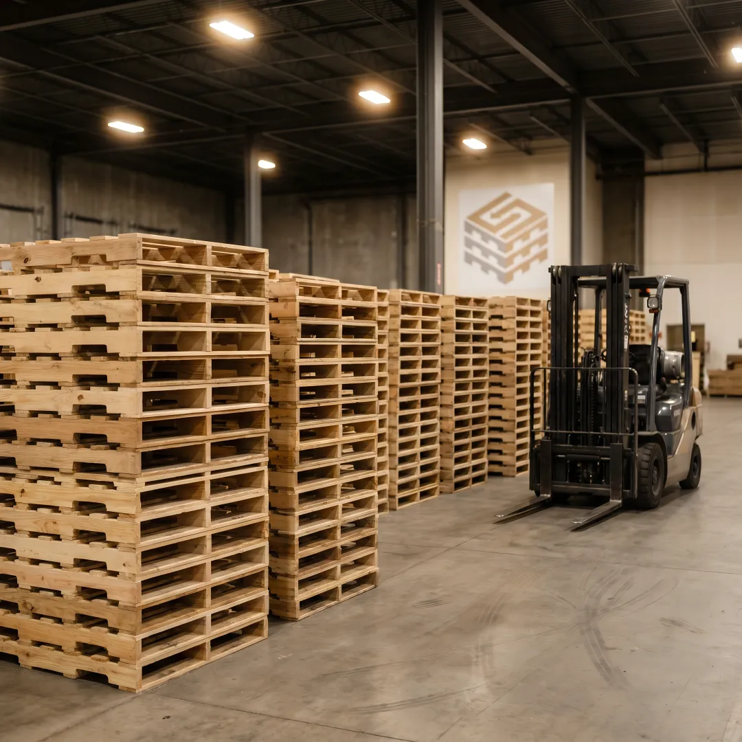 Custom wood pallets stacked in a warehouse