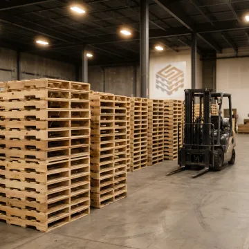 Custom wood pallets stacked in a warehouse