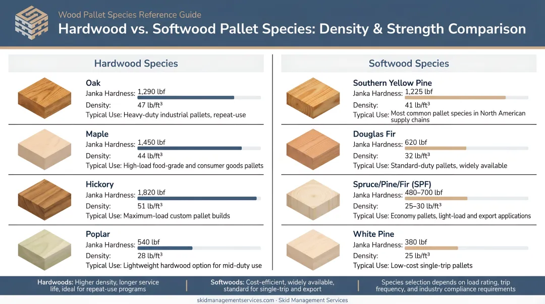 Hardwood versus softwood pallet species density and strength comparison chart