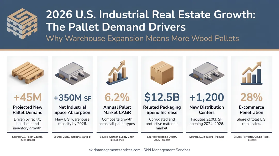 2026 U.S. industrial real estate growth statistics driving pallet demand infographic