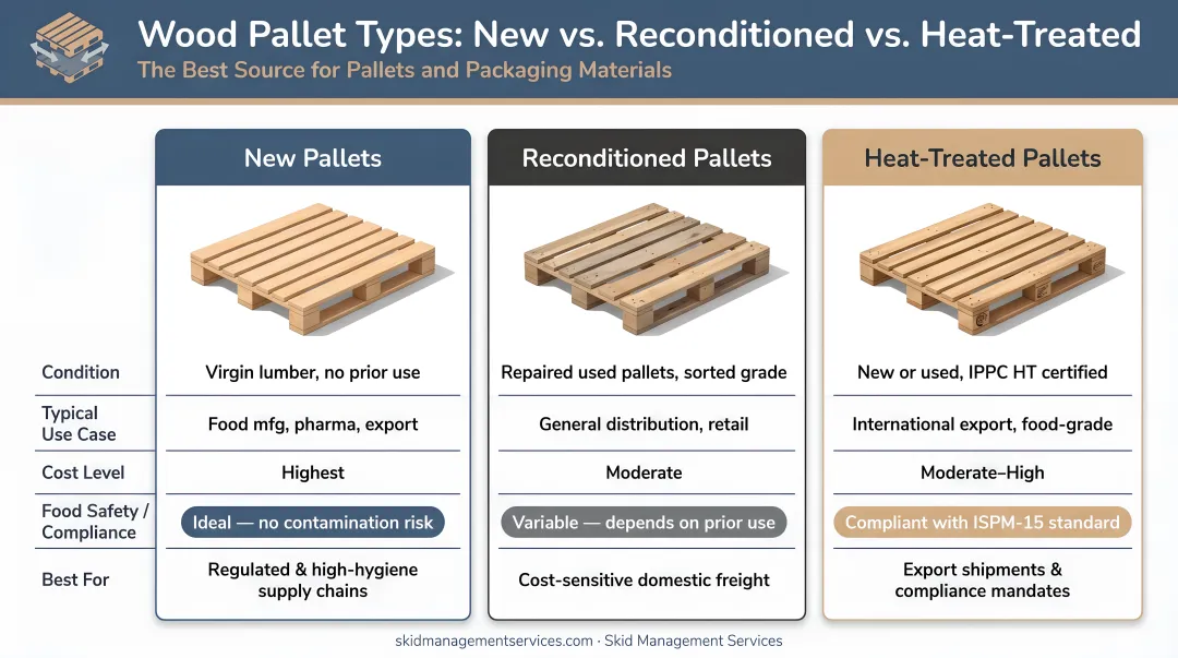 Three wholesale wood pallet types comparison infographic new reconditioned heat-treated