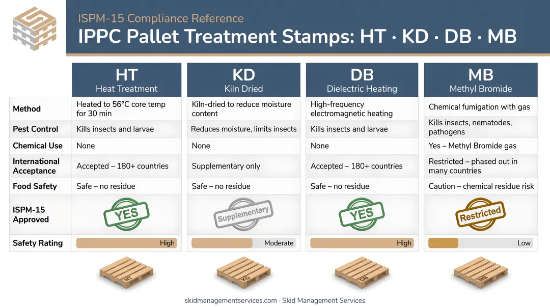 IPPC pallet treatment stamp comparison chart HT KD DB MB safety ratings